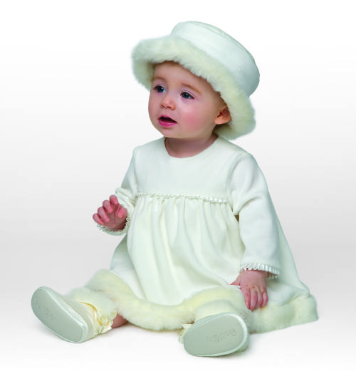 Little Darlings Felicity, fur trimmed velour dress and hat. • Baby Classics